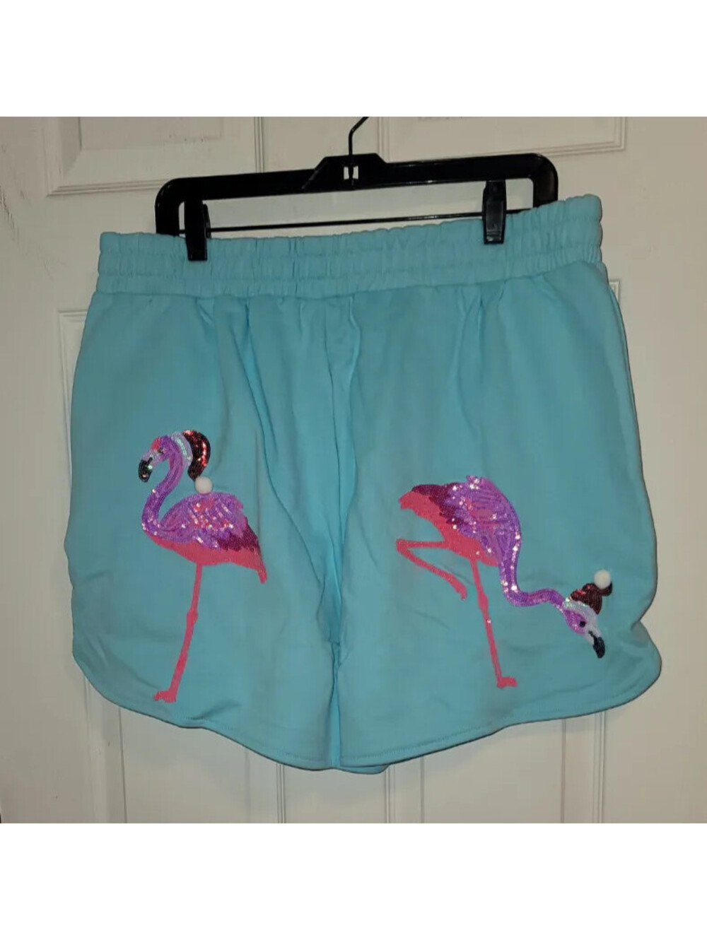 QUEEN OF SPARKLES SEQUIN PINK FLAMINGOS WITH SANTA HATS AQUA BLUE SHORTS-NWT-XXL